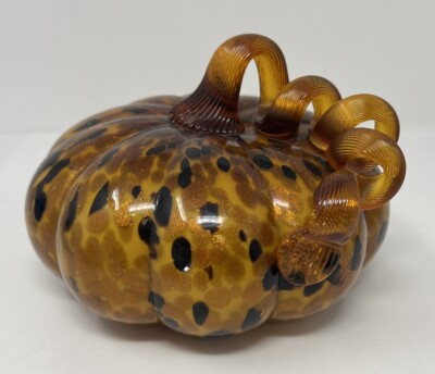 Art Glass Pumpkin Curly Stem Orange Copper Aventurine Halloween Thanksgving