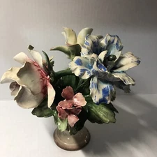 Capodimonte Porcelain Centerpiece Roses Flowers Vase Pink Green Granny Core