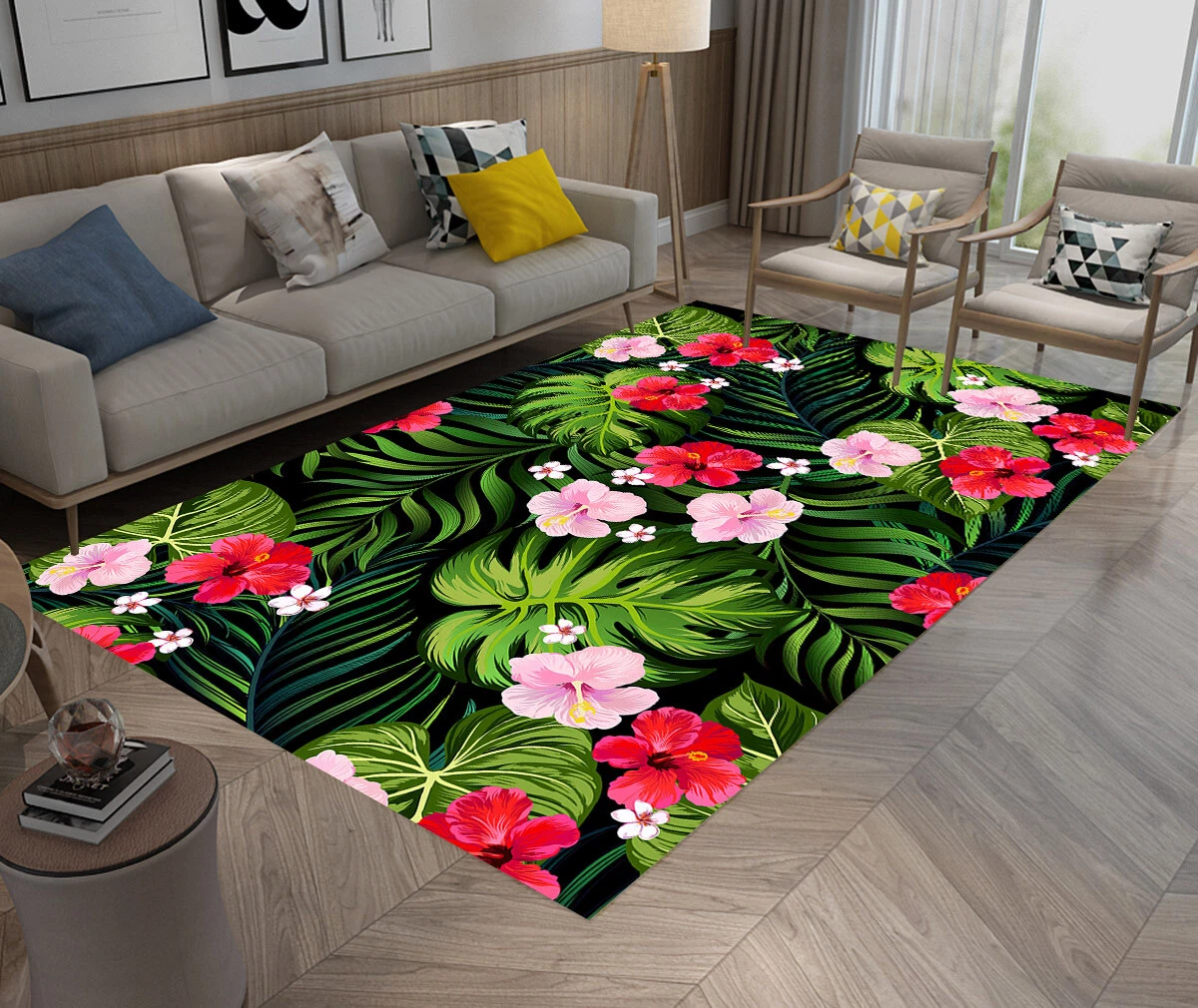 Tropical Plants Green Leaves Hibiscus Area Rugs Bedroom Living Room Floor Mat