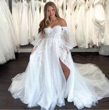 Bohe Lantern Sleeves Wedding Dresses Sweetheart Appliques A Line High Slit