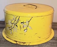 Vintage Metal Cake Carrier Yellow With White Flowers MCM Weathered - 6” Tall