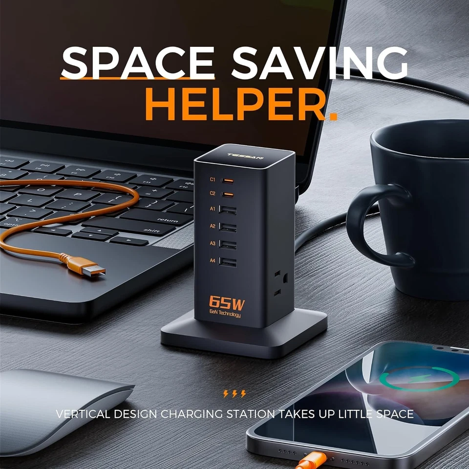 65W Fast Charger Tower USB Charging Station Type C Desktop Charger with 3 AC - Image 2 of 4