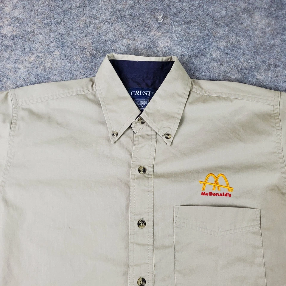 Mcdonalds Employee Button Up Shirt Mens Medium Beige Collared Short Sleeve Logo - Image 2 of 4