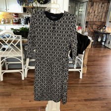 Pendleton Black & White Silk Long Sleeve Shift Midi Dress Size 10 Keyhole Neck