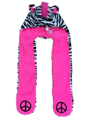 Girls Reversible Plush Black & White Zebra Print Trapper Hat With Attached Scarf