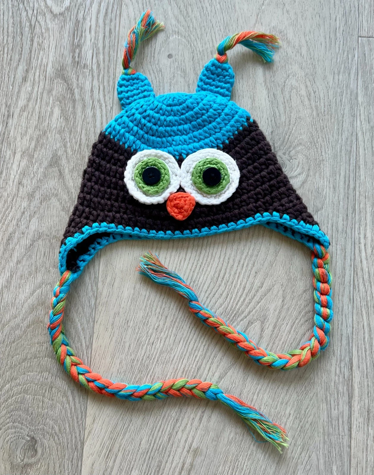Handmade Crochet Owl Baby Hat Blue Brown Earflap Beanie Photo Prop