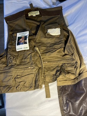 NWT Safari Club Mens Fly Fishing Vest Brown Zipper Flap Pockets Size L + Pouch