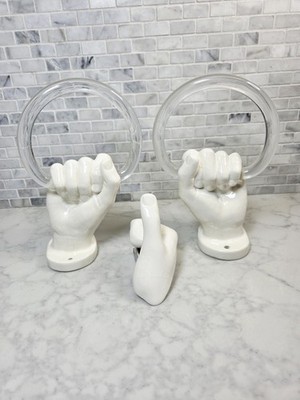 Vtg Signed Nancy Funk 1976 Ceramic Hands w/Acrylic Rings Towel Holder Pair RARE!