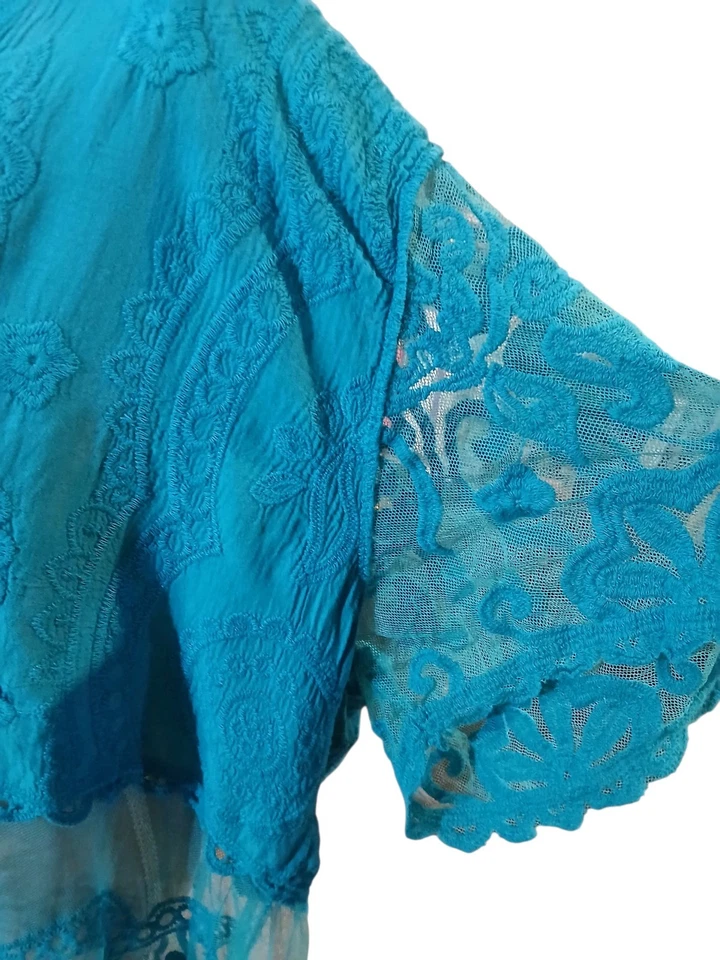 Blusa túnica larga de encaje verde azulado Davi & Dani 2x 3x bordada Lagenlook malla transparente Foto 3 de 4