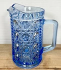 Vintage Federal Windsor Blue Crystal Buttons & Cane Pint Pitcher 6”