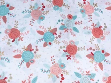Floral Farmhouse Valance Curtain – Coral & Aqua Whimsical Flowers on White