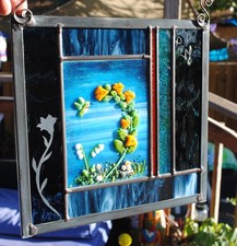 Stained Glass Window Panel hummingbird trumpet flowers turquoise blue green