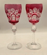 PAIR Antique Cranberry Cut to Clear Wine Hock 1950's Stemware Germany Bohemian?