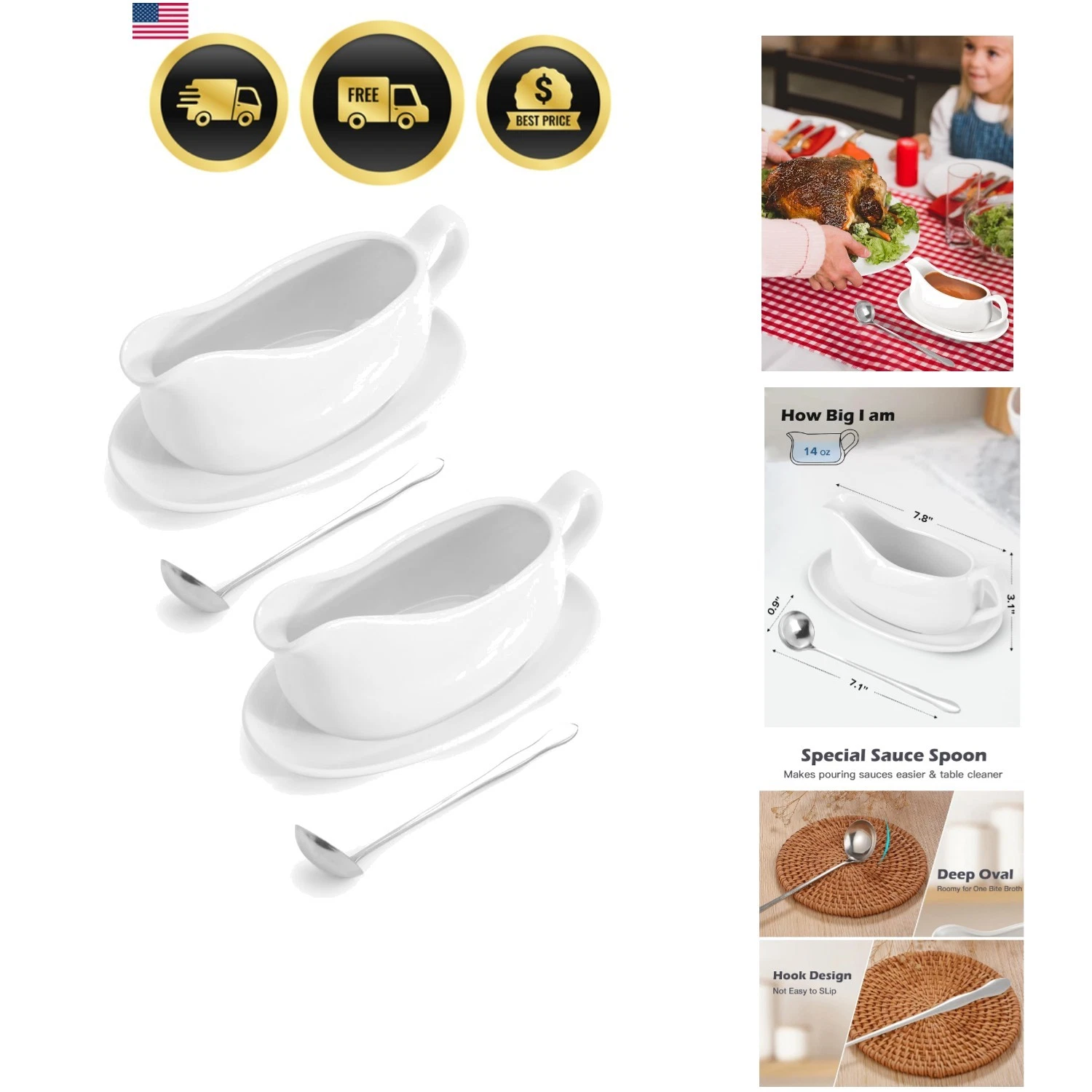 17oz 2 Pack Gravy Boat with Sauce and Spoon, Ceramic Sauce Serving Dish, Easy...