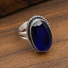 Blue Sapphire Lab-Created Gemstone Handmade 925 Sterling Silver Jewelry Ring