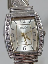 Studio Silver Tone Dial Rectangle Case Hinge Open Cuff Band Watch