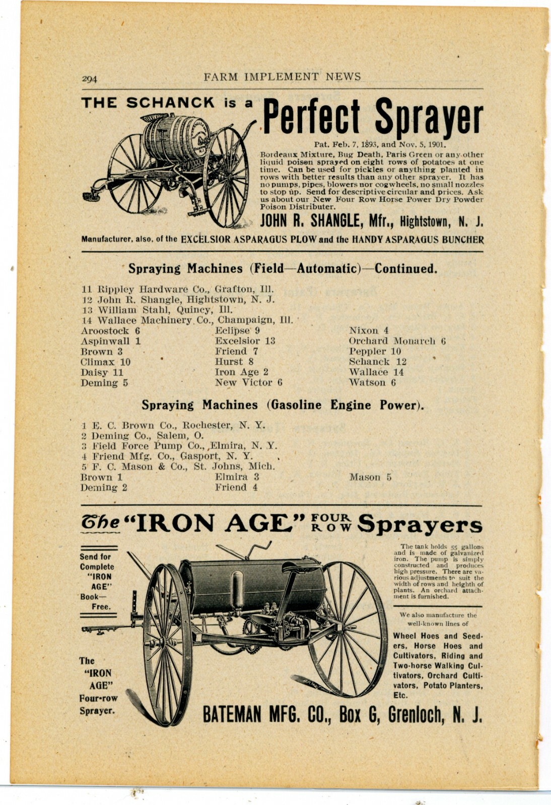 FILA 1905 Bateman Mfg. Co. Annuncio: Spruzzatori a quattro file età del ferro Grenloch maglia nuova