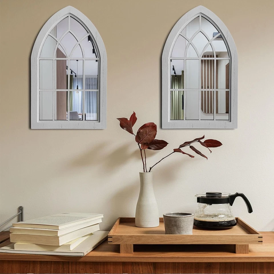 2PCS Arched Window Wall Mirror,Rustic Farmhouse Accent Mirror, Wood Framed - Image 3 of 4