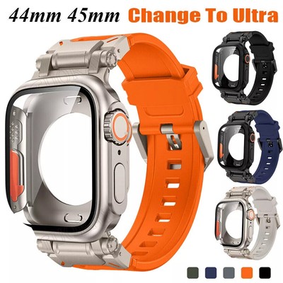 Silicone Metal Strap Case For Apple Watch Series 9 8 7 6 44 45mm Change to Ultra