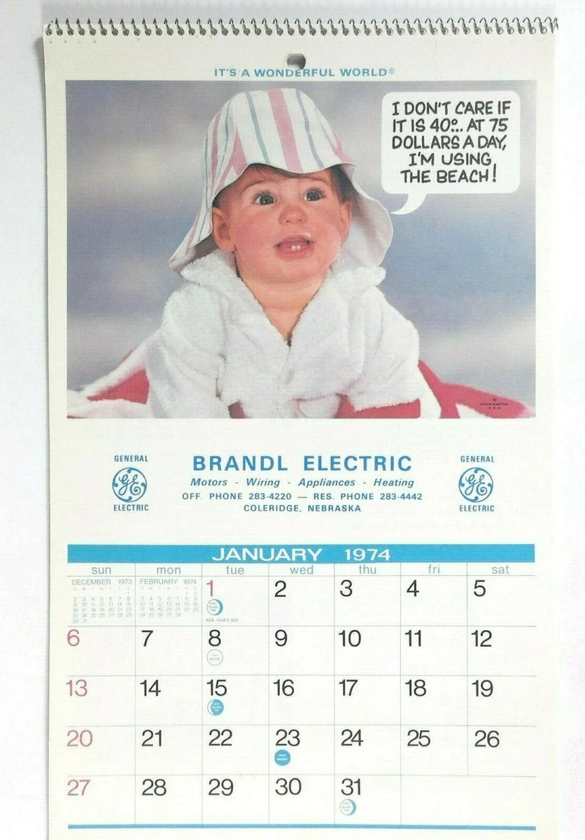 Vintage Marketing Baby Calendar Jan 1974 Brandl Electric Coleridge Nebraska  G E | eBay