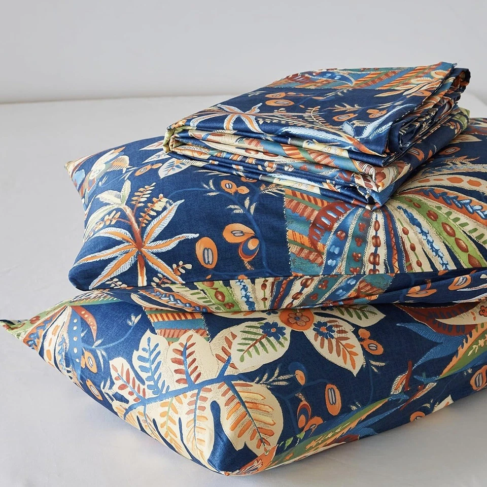 NOVO Conjunto de Edredom Falsa Anthropologie Azul Floral Algodão Egípcio Boho King - Imagem 3 de 4