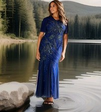 Joanna Hope Blue Feather Beaded Lace 20s Gatsby Evening Mother Occasion Dress 12
