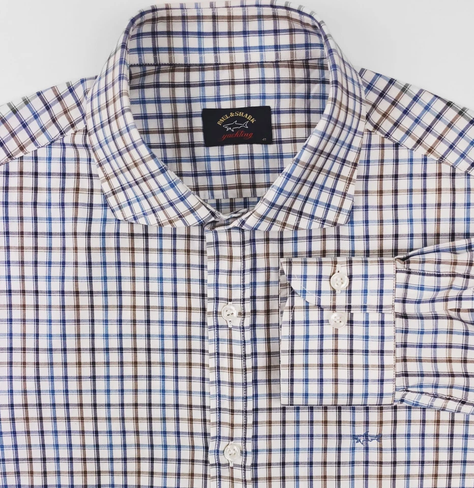 Camisa de vestir a cuadros azul Paul & Shark talla 16 con cuello extendido con logo Foto 3 de 4