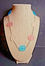 PASTELS PINK, TURQUOISE, CRYSTAL cultured sea glass jewelry 20" 2" w silver