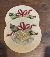 2 Nicole Miller home Red Gold Jingle Bell Christmas beaded charger placemat
