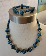 Hand Crafted Faux Turquoise Gold Accent Necklace Bracelet Set