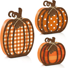 3 Pcs Fall Pumpkin Decor, Wooden Autumn Fall Decorations for Home