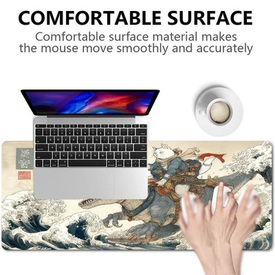 1pc Japanese Warrior Cats & Dinosaur Waves Gaming Desk Mat - Non-Slip XLXXL Comp