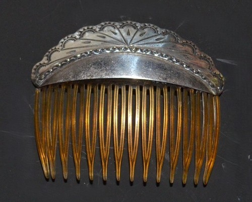 Vintage Southwestern Sterling Silver Hair Comb Hand‑Tooled Scalloped
