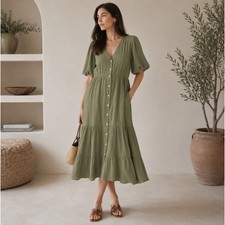 MADEWELL Lightspun Button-Front Tiered Midi Dress Olive Green Sz 20 $128 {3Q28}