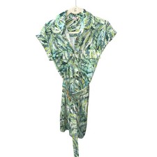 Fate byLFD Tropical Palm Leaf Print Cotton Linen Belted Mini Shirt Dress Green S