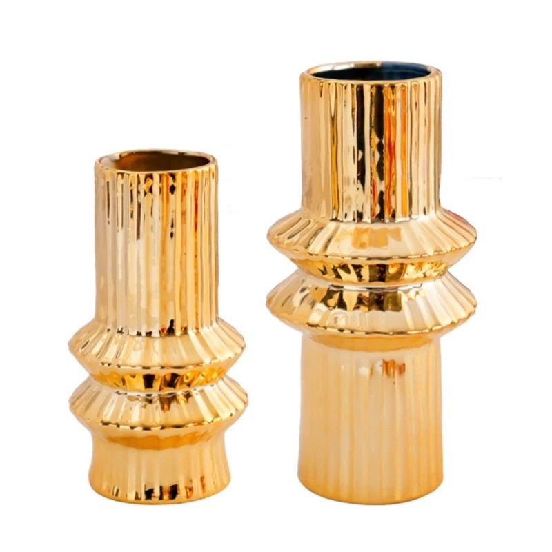 Geometric Ceramic Flower Vase for Home Decorations Gold Color Flowerpot Figurine