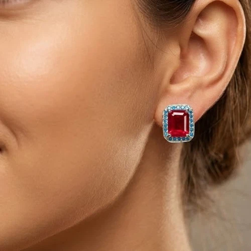 925 Sterling Silver White Gold Handmade Earrings Pigeon Blood Red Ruby 8.45Ct