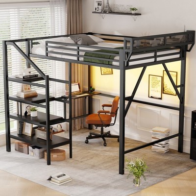 Queen Size Loft Bed with Foldable Desk and Charging Station,Metal Queen Loft Bed