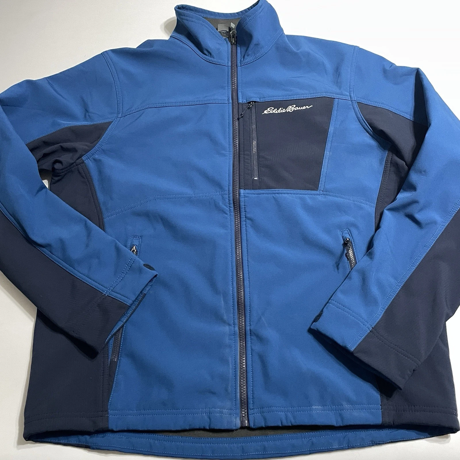 Eddie Bauer Jacket Mens L Blue Soft Shell Full Zip Pockets Polyester Stretch