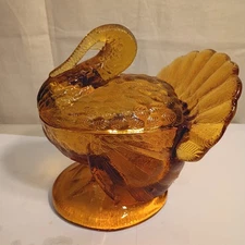 Vtg  Holiday Thanksgiving LE Smith Amber Glass Turkey Covered Candy Dish 
