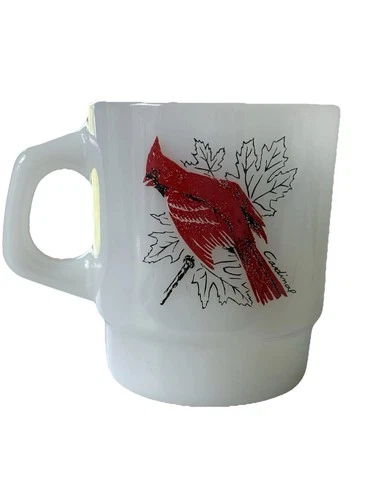 Vintage Anchor Hocking Glass Fire King Cardinal & Chickadee Mug Cup Stacking