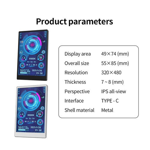 3.5" IPS USB Screen AIDA64 PC CPU RAM HDD Data Monitor Type-C Sub Screen White - Picture 2 of 10