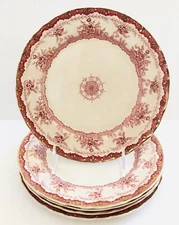 Antiqure Dunn Bennett & Co Alexandra Dessert Plates, S/5. Red and White. 1880's