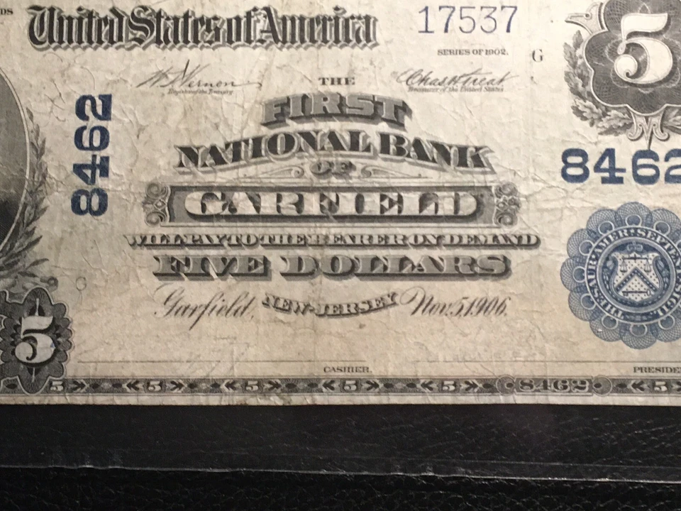 National bank note Garfield New Jersey 11 Large 5.00 Known PMG 15 Net Severed - Image 2 of 4