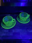 Federal Glass Green Uranium Tea Cups And Saucers Pair