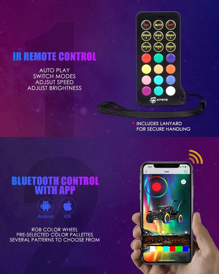 5英尺RGB螺旋鞭灯无缝适用于Polaris RZR 900 1000 Buletooth遥控器 — 第 3/4 张图片