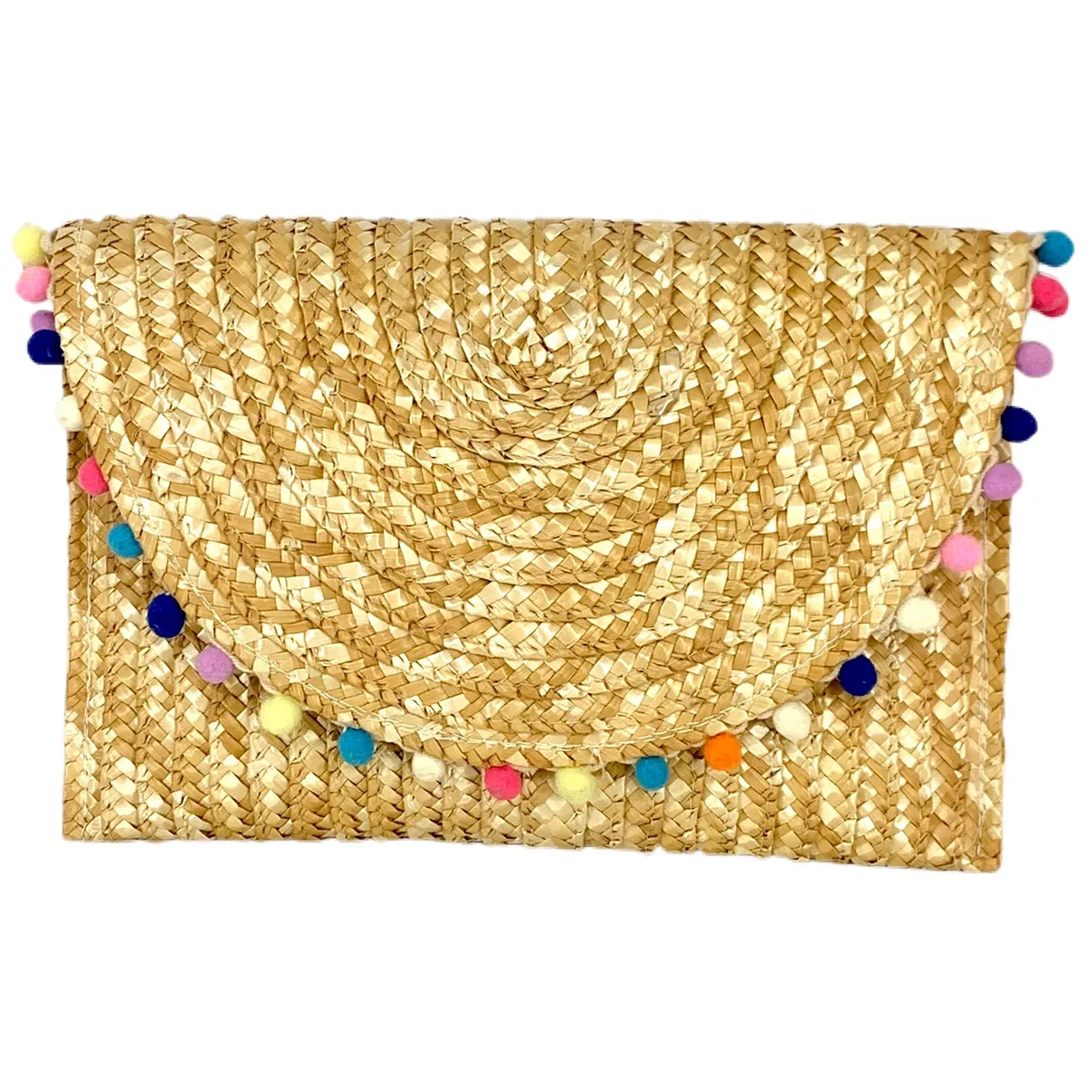 Straw clutch bag with pom poms sales
