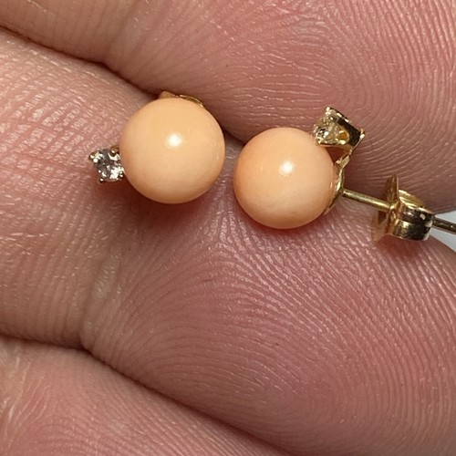 Pierced Earrings Diamonds And Angel Skin Coral Vintage 14k Yellow Gold Dainty - Picture 5 of 15