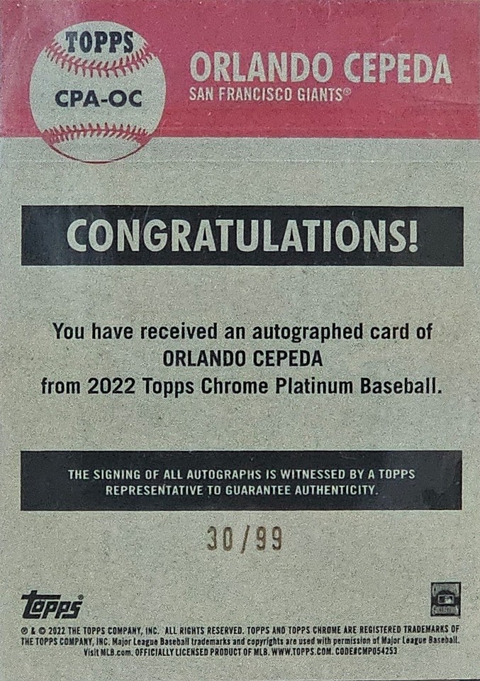 2022 Topps Chrome Platinum Orlando Cepeda On Card Auto 42/99 CPAOC SF