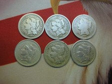 THREE CENT NICKELS - GROUP OF 6 DIFF. DATES - 1865 - 1870